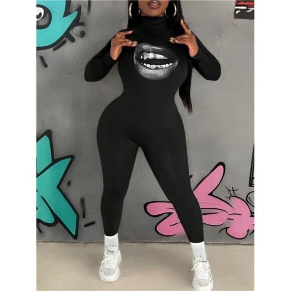 Women's Casual Minimalist Lip Print Pattern Knit Turtleneck Long Sleeve Jumpsuit